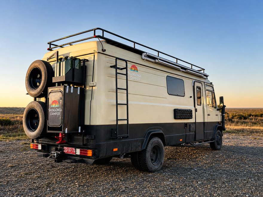 Camión 4x4 camperizado, vista trasera al atardecer
