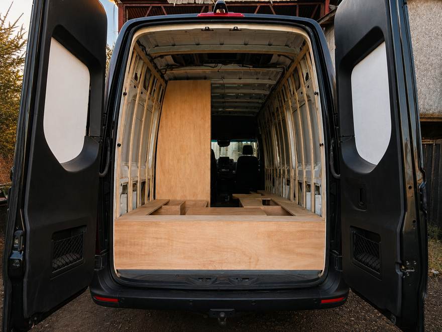 Camperización de van, estructura de madera en proceso