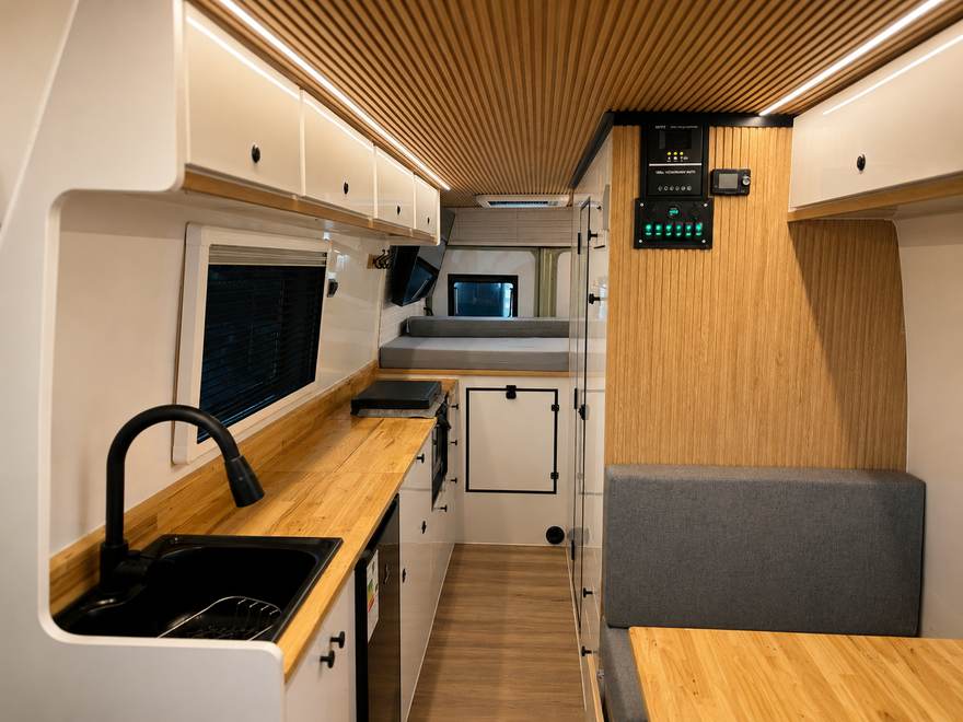 Interior terminado de camper con cocina y living